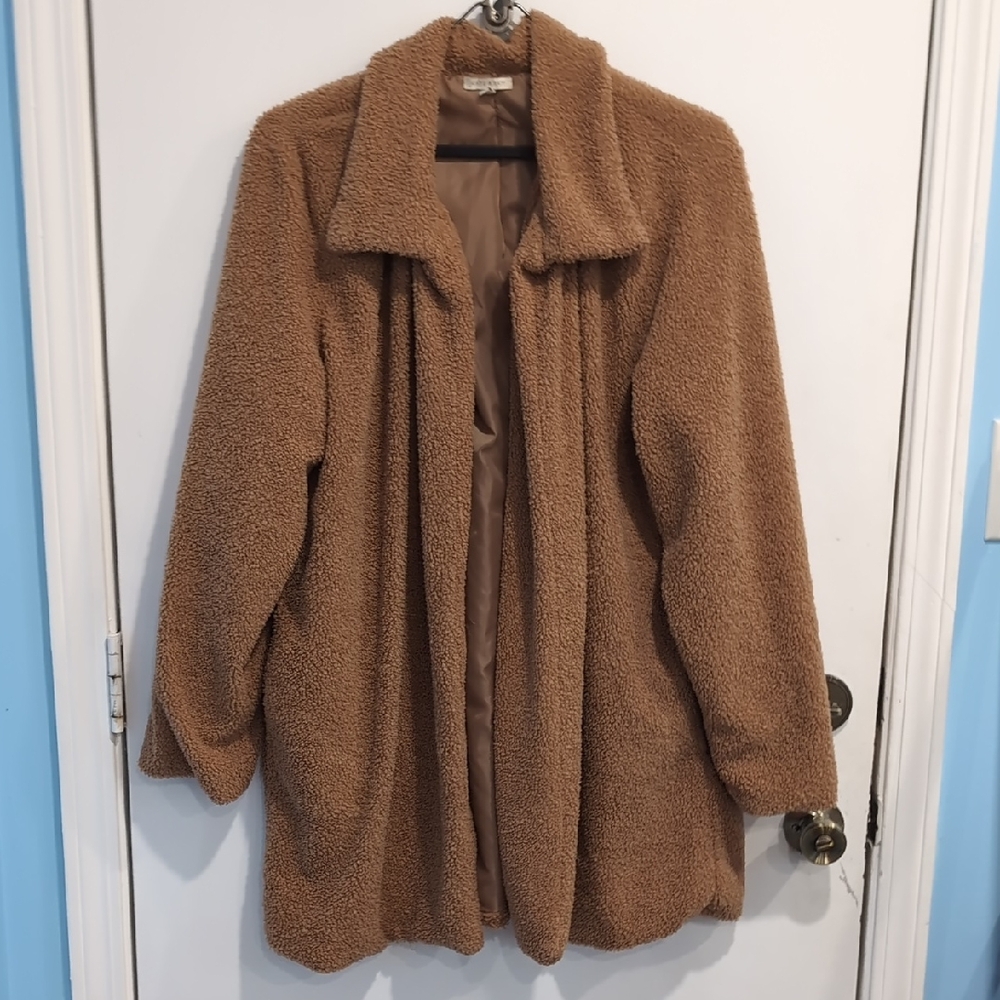 Kate & Sam Faux Fur Sherling Camel/Tan Teddy Bear Open Front Jacket Size XL EUC